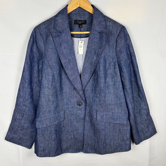 NWT Talbots Women 100% Linen Blazer Sz 16P Blue Chambray Preppy Classic Business - Picture 1 of 12